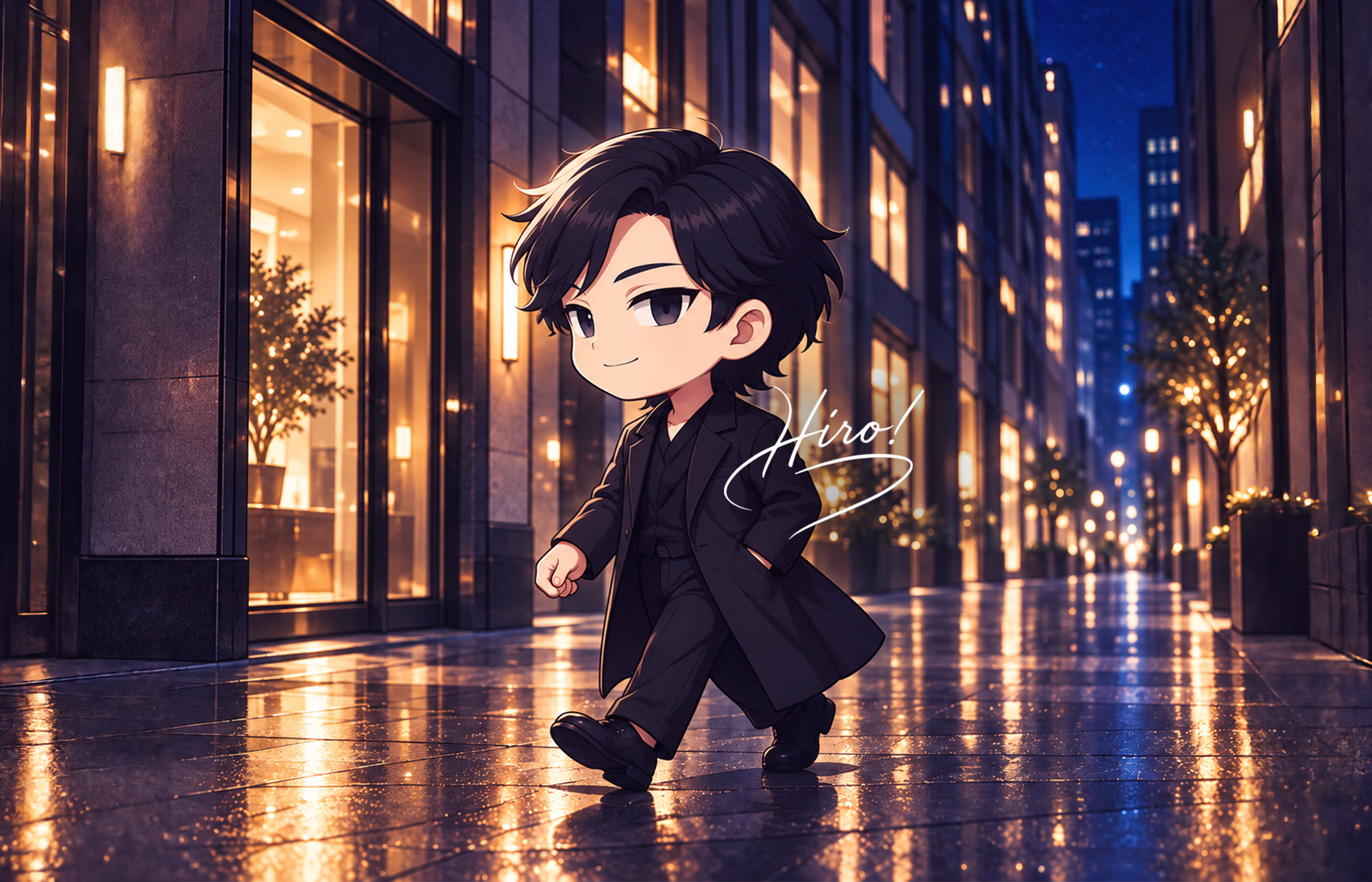 夜の街を歩くHiroのイラスト